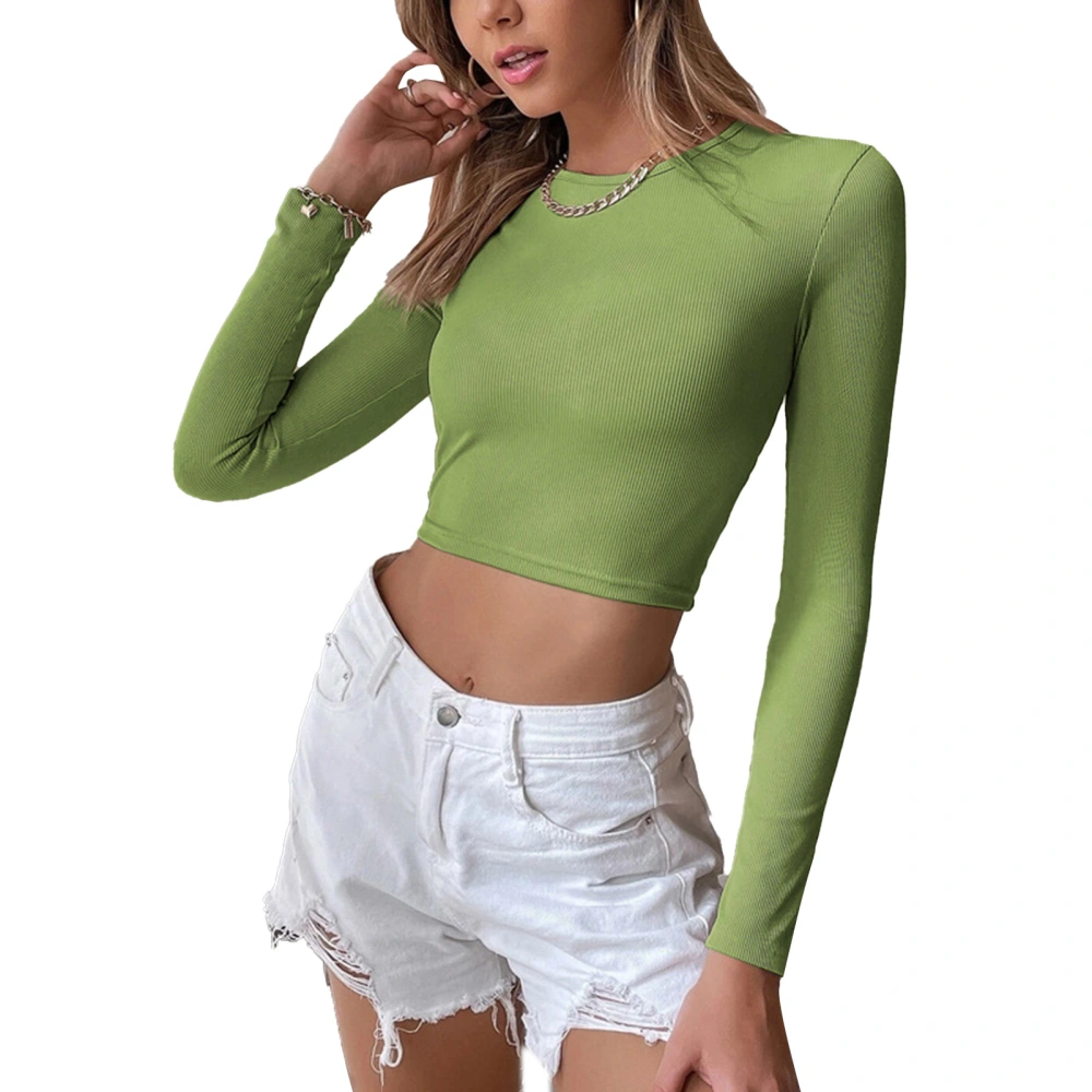 Women Knit Shirt Long Sleeve Round Neck Backless Slim Fit Lady Pullover Short Top for Daily Dating Vacation Green M