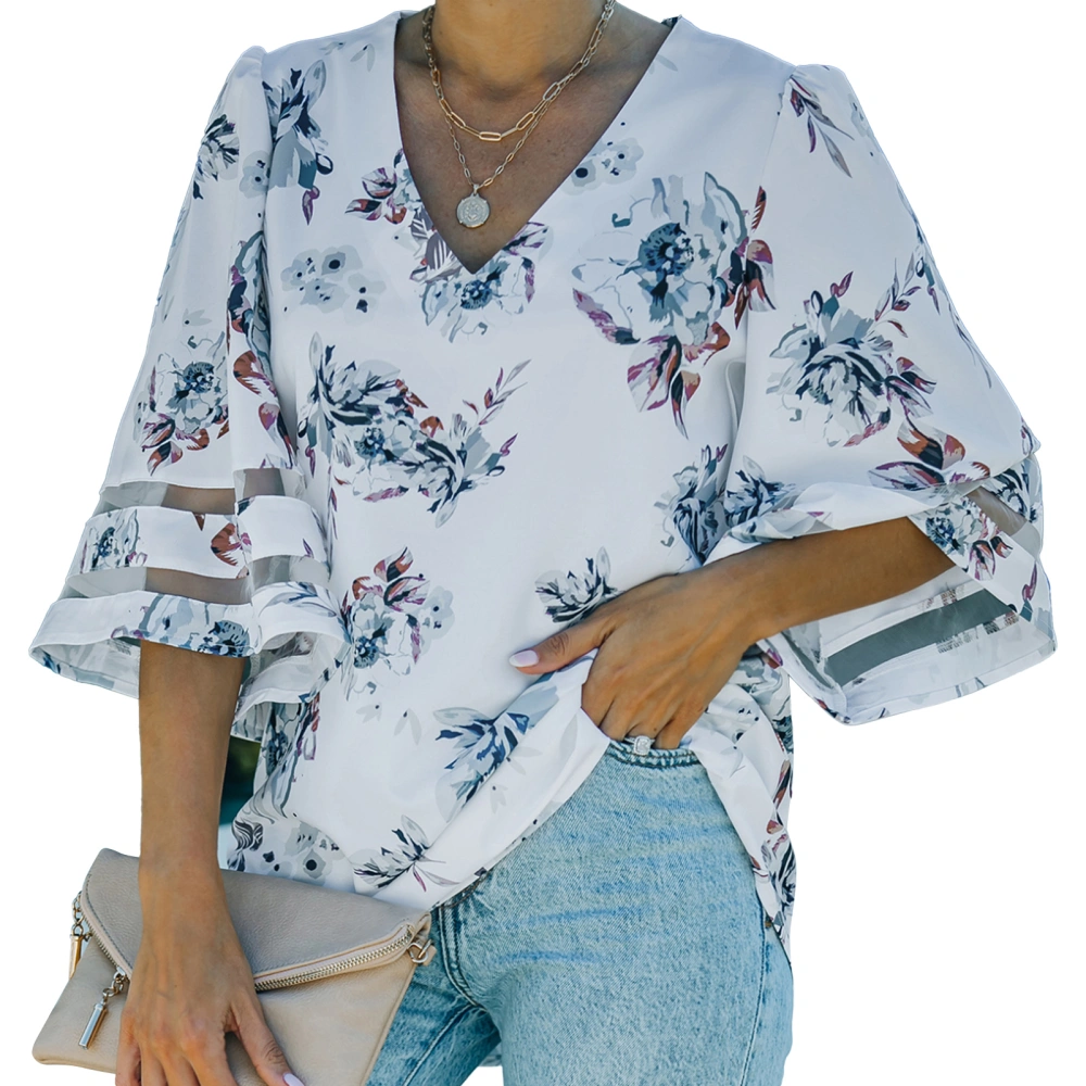 Chiffon Bell Sleeve Blouse V Collar Floral Printing Mesh Stitching Cuff Casual Chiffon Blouse Top White XXL