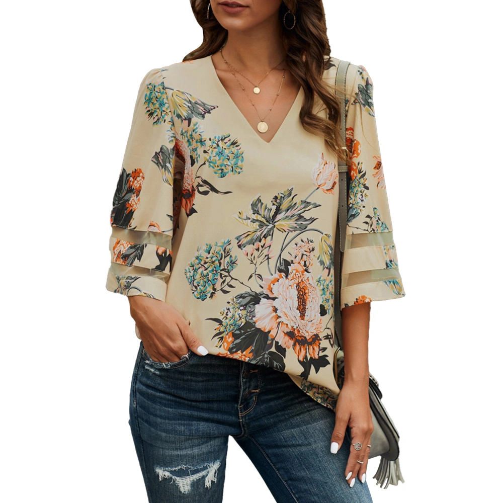 Chiffon Bell Sleeve Blouse V Collar Floral Printing Mesh Stitching Cuff Casual Chiffon Blouse Top Apricot XL