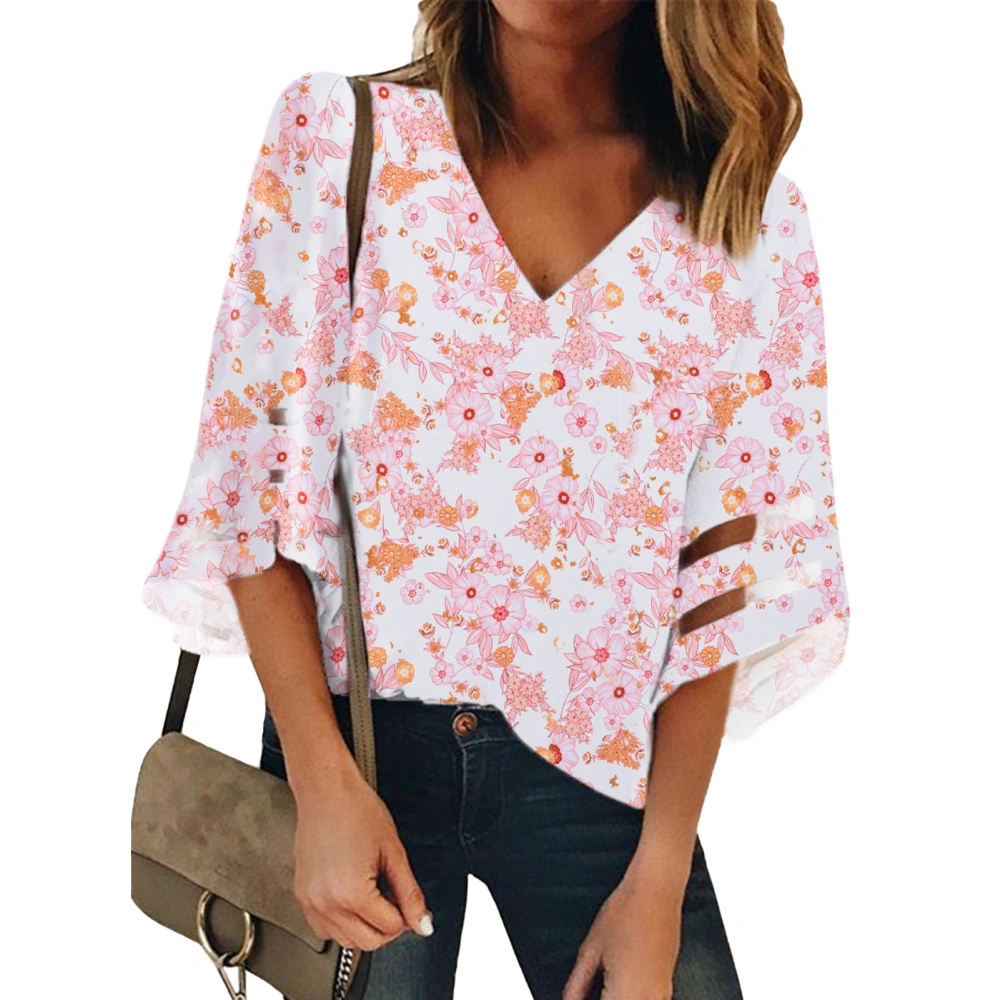 Chiffon Bell Sleeve Blouse V Collar Floral Printing Mesh Stitching Cuff Casual Chiffon Blouse Top Pink L