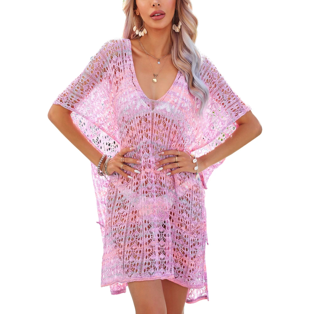 Beach Hollow Cover Up V Neck Loose Casual Stylish Soft Hollow Out Swimwear Cover Up for Summer Pink Free Size