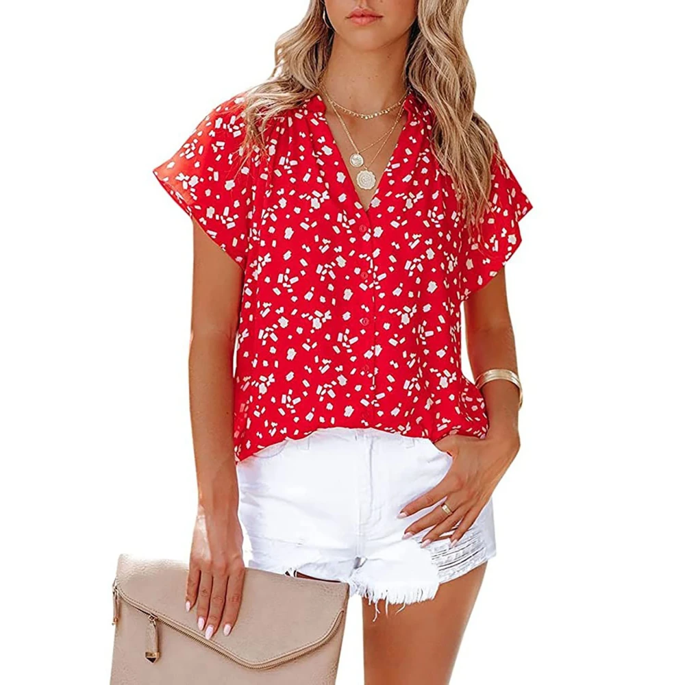 Women Chiffon Blouse V Neck Short Sleeve Loose Fit Comfortable Casual Shirt Top for Daily Wear Red S