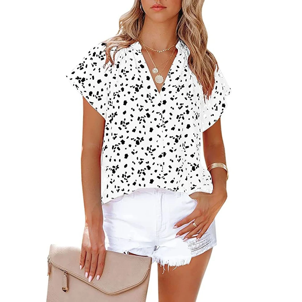 Women Chiffon Blouse V Neck Short Sleeve Loose Fit Comfortable Casual Shirt Top for Daily Wear White S