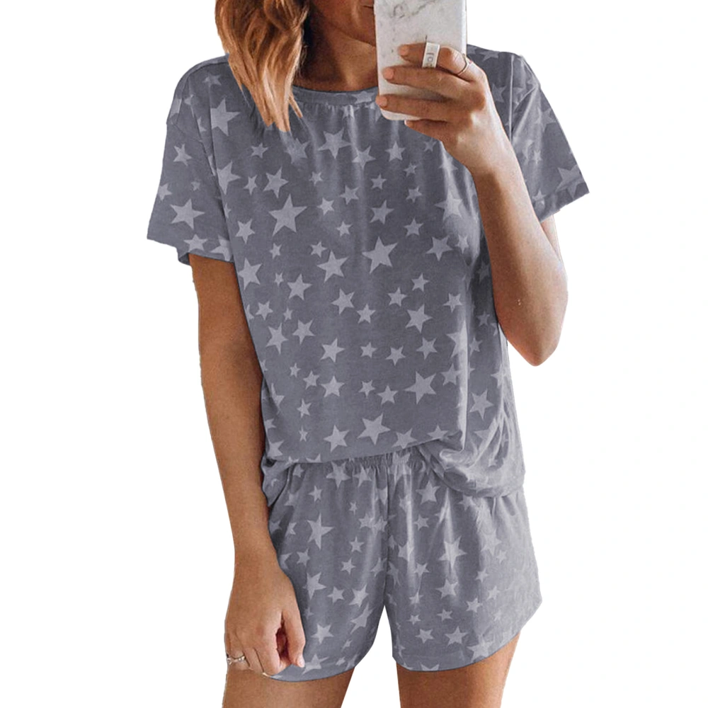 Womens Short Sleeve Pajama Set Summer Fashionable Printed Loose Round Neck 2 Piece Pajama Set for Home Hotel Grey XL