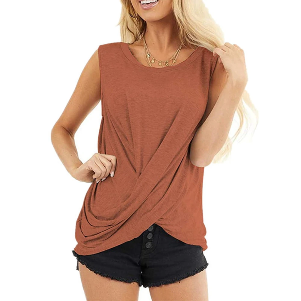 Sleeveless Twist Front Blouse Round Neck Casual Twist Front Crewneck Shirt for Women Dating Orange M