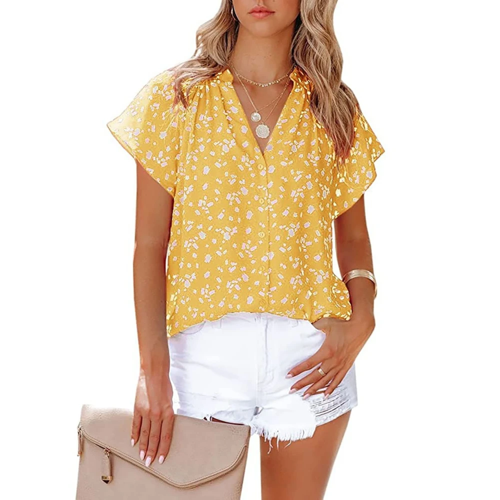 Women Chiffon Blouse V Neck Short Sleeve Loose Fit Comfortable Casual Shirt Top for Daily Wear Yellow XL