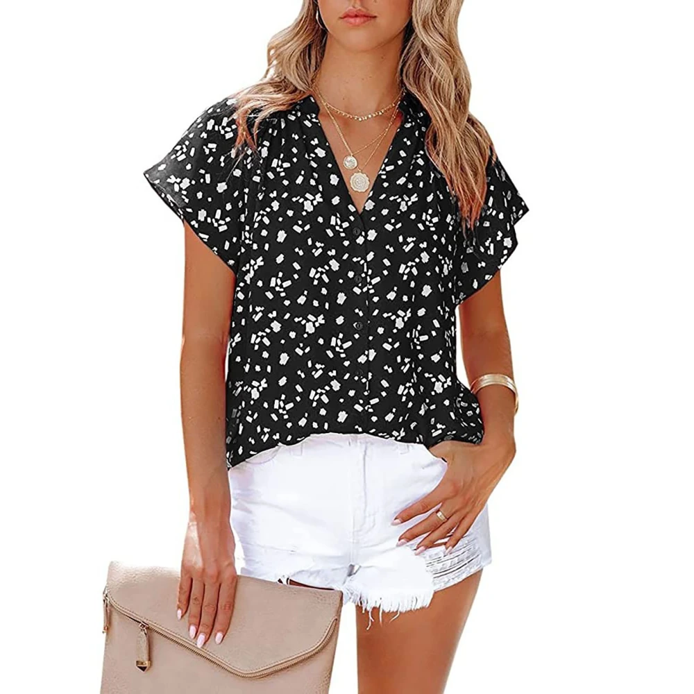 Women Chiffon Blouse V Neck Short Sleeve Loose Fit Comfortable Casual Shirt Top for Daily Wear Black XL