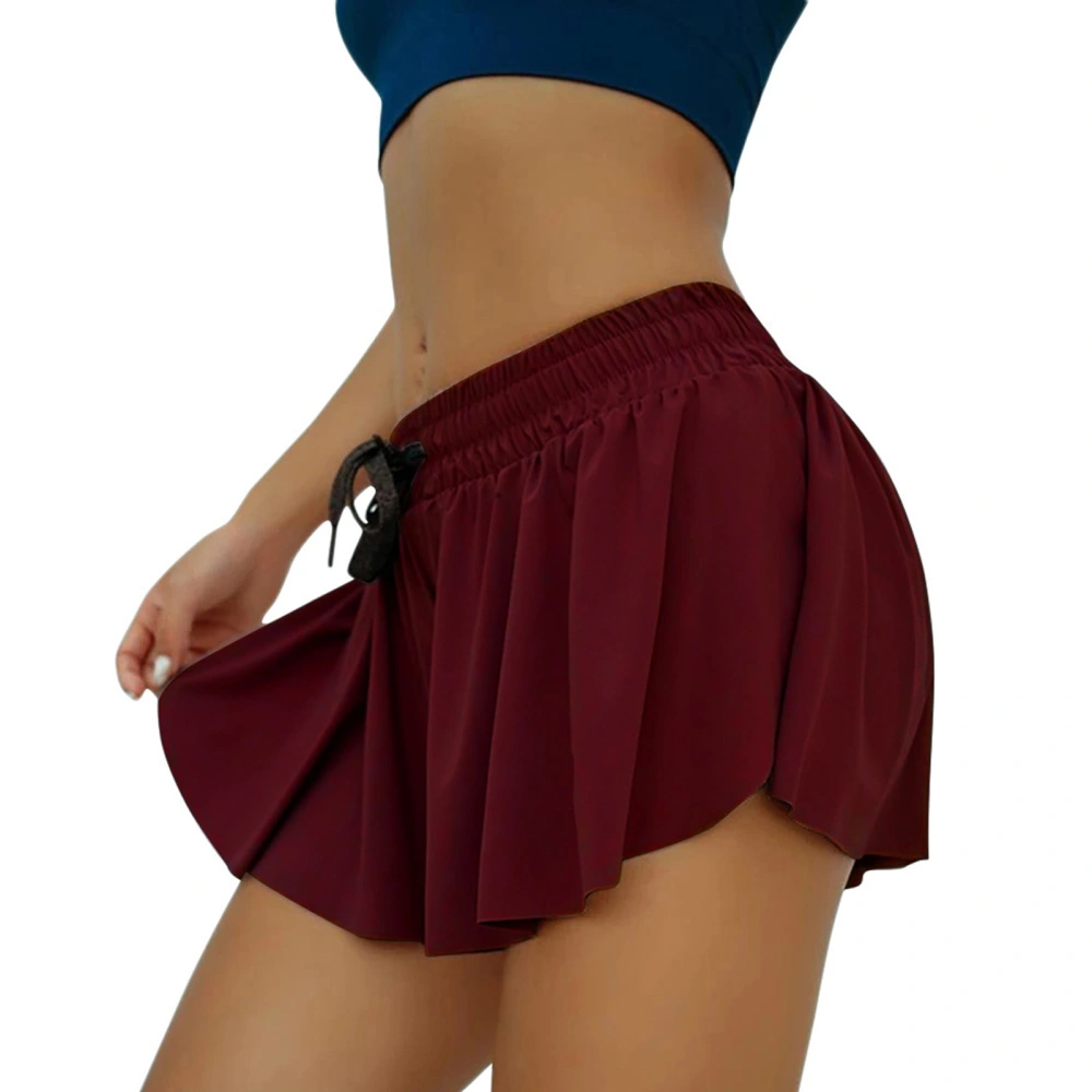 Yoga Shorts Drawstring Waist Ruffle Hem Quick Dry 2 In 1 Double Layer Women Athletic Shorts for Fitness Workout Running Wine Red XXL