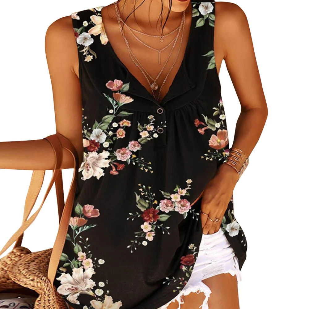 Button Front Print Sleeveless Top V Neck Loose Casual Soft Colorful Sleeveless Floral Top for Summer Black L