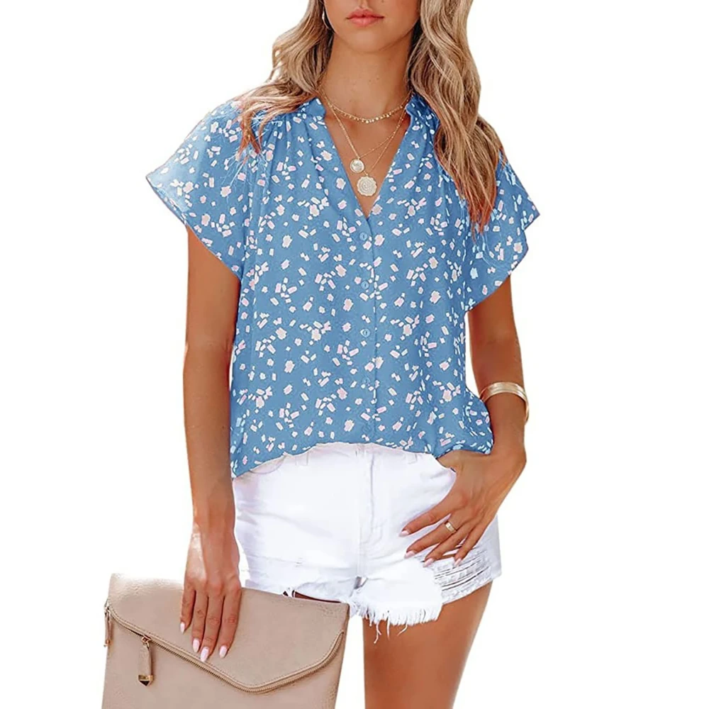 Women Chiffon Blouse V Neck Short Sleeve Loose Fit Comfortable Casual Shirt Top for Daily Wear Blue XL