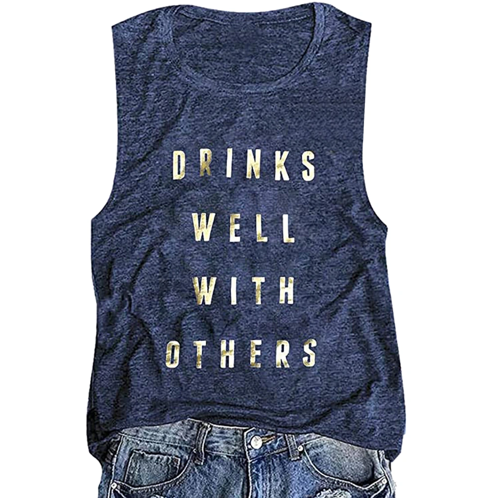 Round Neck Tank Top Letter Print Decoration Polyester Women Casual Sleeveless Shirt for Summer Dark Blue L