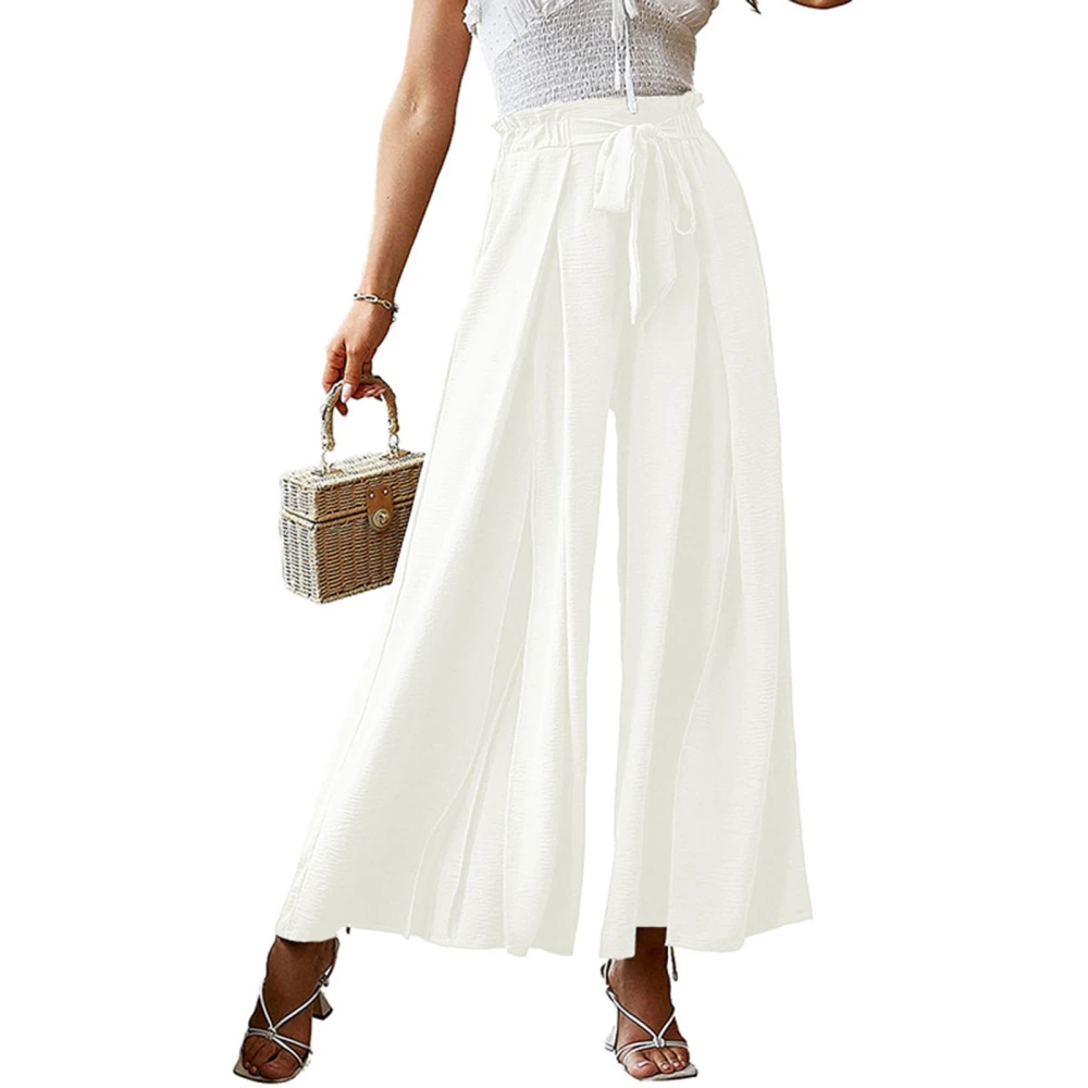 Women Wide Legs Pants Elastic Waist Belted Pure Color Pleated Casual Long Pants for Spring Summer White L