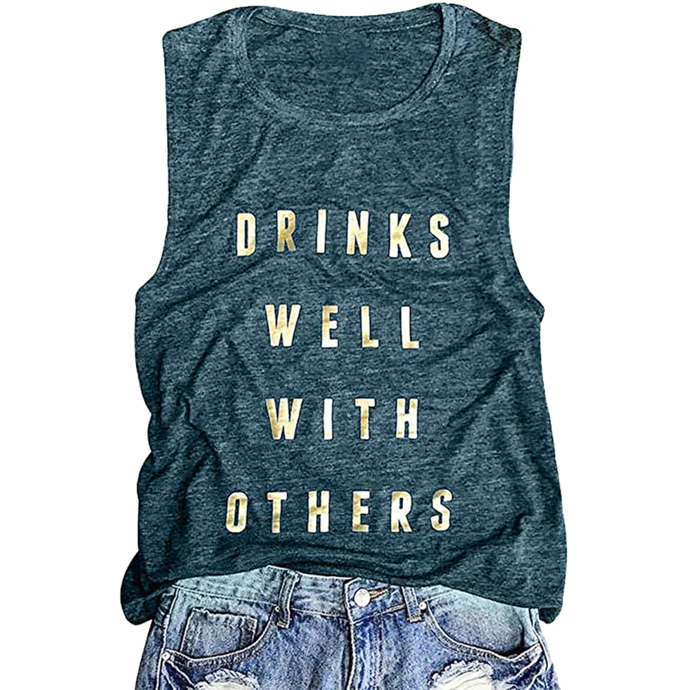 Round Neck Tank Top Letter Print Decoration Polyester Women Casual Sleeveless Shirt for Summer Dark Green L