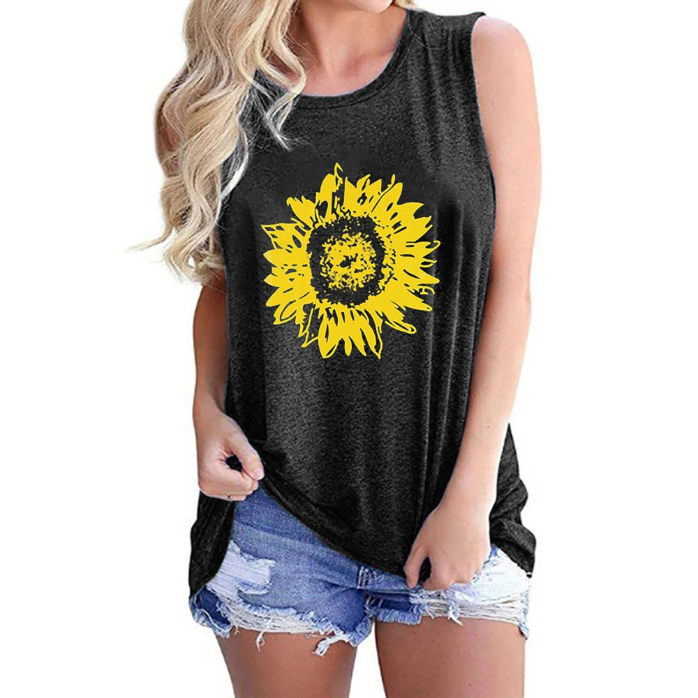 Sunflower Print Sleeveless Tank Scoop Neck Plus Size Sleeveless Loose Fit Blouse for Summer Vacation Dark Gray S