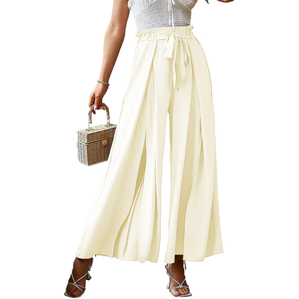 Women Wide Legs Pants Elastic Waist Belted Pure Color Pleated Casual Long Pants for Spring Summer Apricot XL