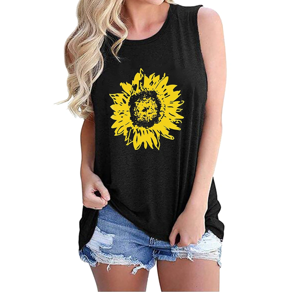 Sunflower Print Sleeveless Tank Scoop Neck Plus Size Sleeveless Loose Fit Blouse for Summer Vacation Black XXL