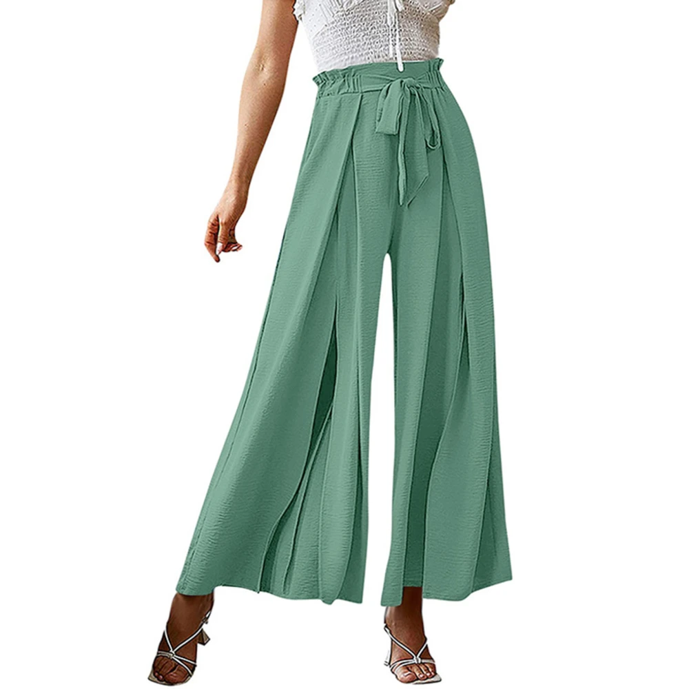 Women Wide Legs Pants Elastic Waist Belted Pure Color Pleated Casual Long Pants for Spring Summer Lake Blue M