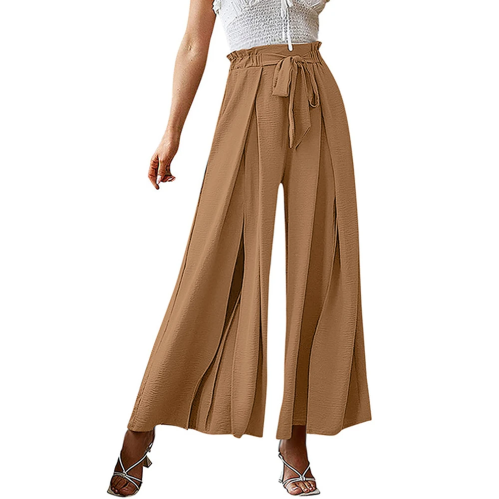 Women Wide Legs Pants Elastic Waist Belted Pure Color Pleated Casual Long Pants for Spring Summer Light Tan XXL