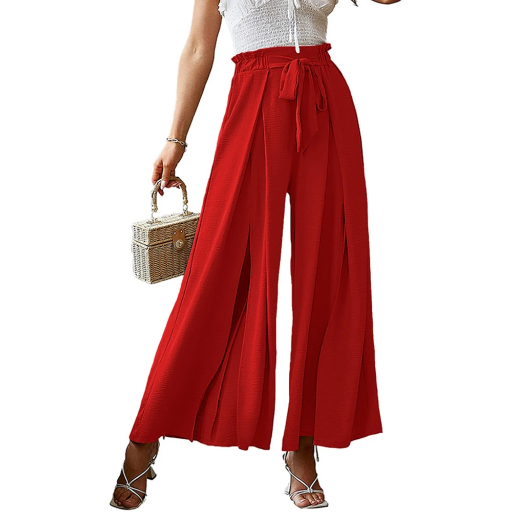 Women Wide Legs Pants Elastic Waist Belted Pure Color Pleated Casual Long Pants for Spring Summer Red XL