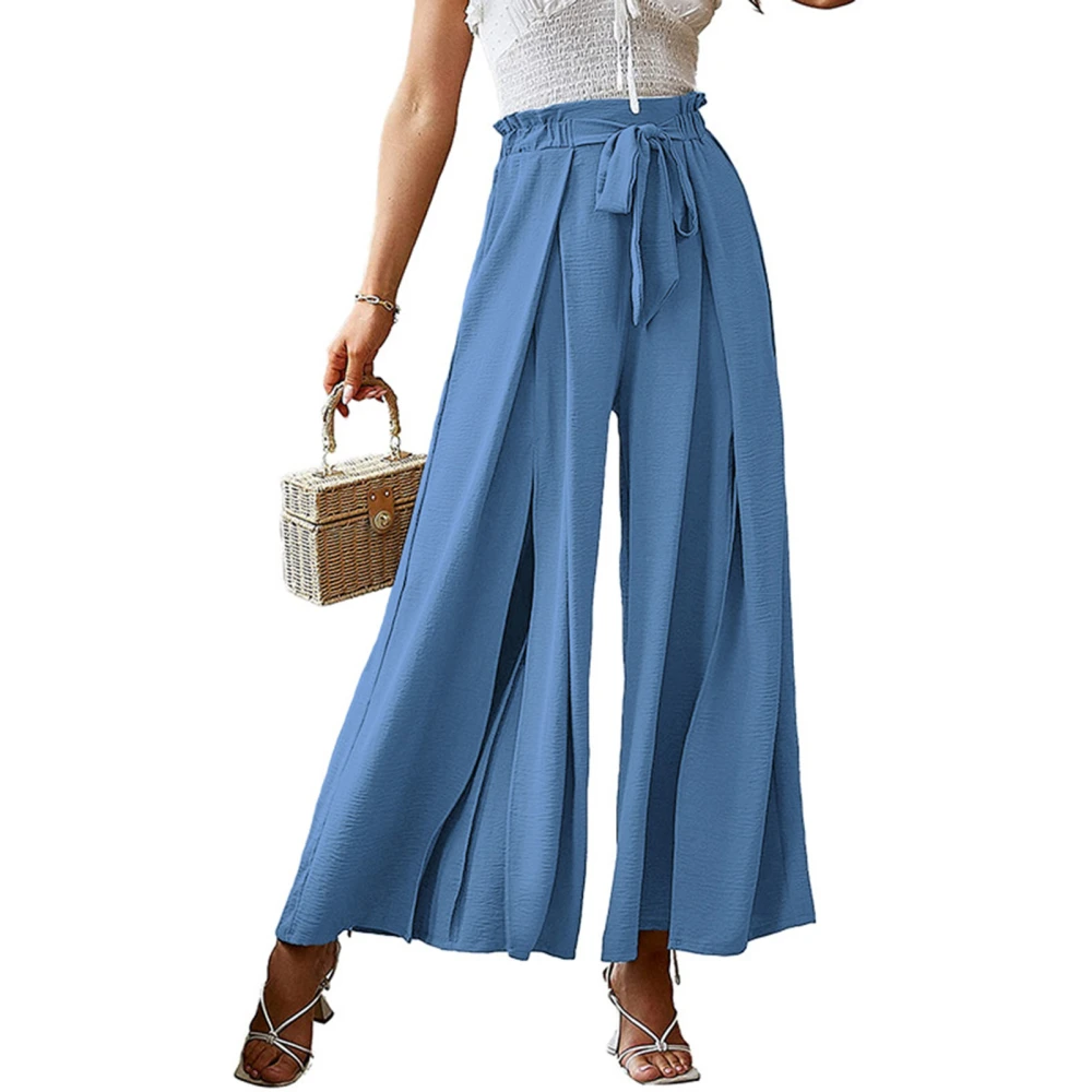 Women Wide Legs Pants Elastic Waist Belted Pure Color Pleated Casual Long Pants for Spring Summer Blue M