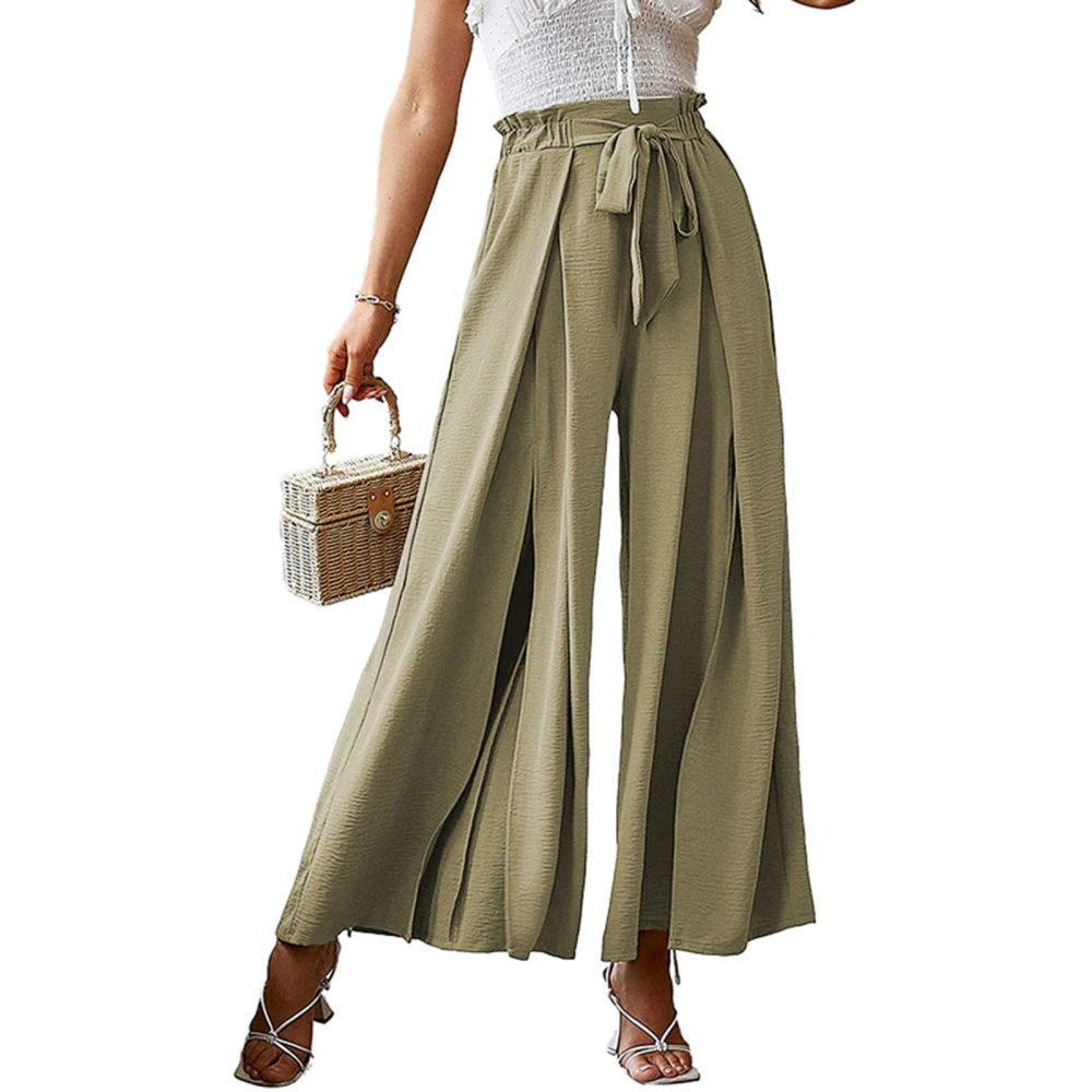 Women Wide Legs Pants Elastic Waist Belted Pure Color Pleated Casual Long Pants for Spring Summer Green M