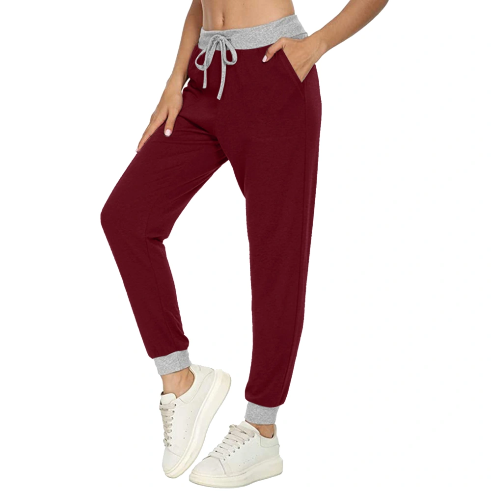 Women Sports Pants Drawstring Comfortable Breathable Elastic Waist Pockets Casual Loose Sweatpants for Sports Jogging Wine Red S