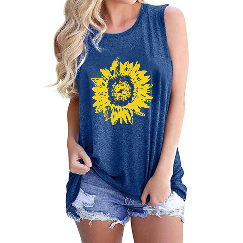 Sunflower Print Sleeveless Tank Scoop Neck Plus Size Sleeveless Loose Fit Blouse for Summer Vacation Blue M