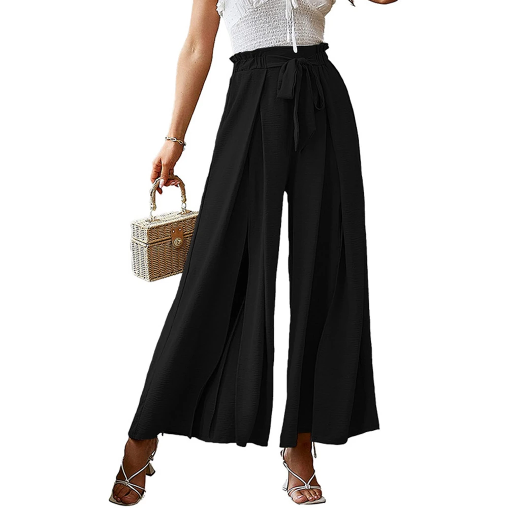 Women Wide Legs Pants Elastic Waist Belted Pure Color Pleated Casual Long Pants for Spring Summer Black L