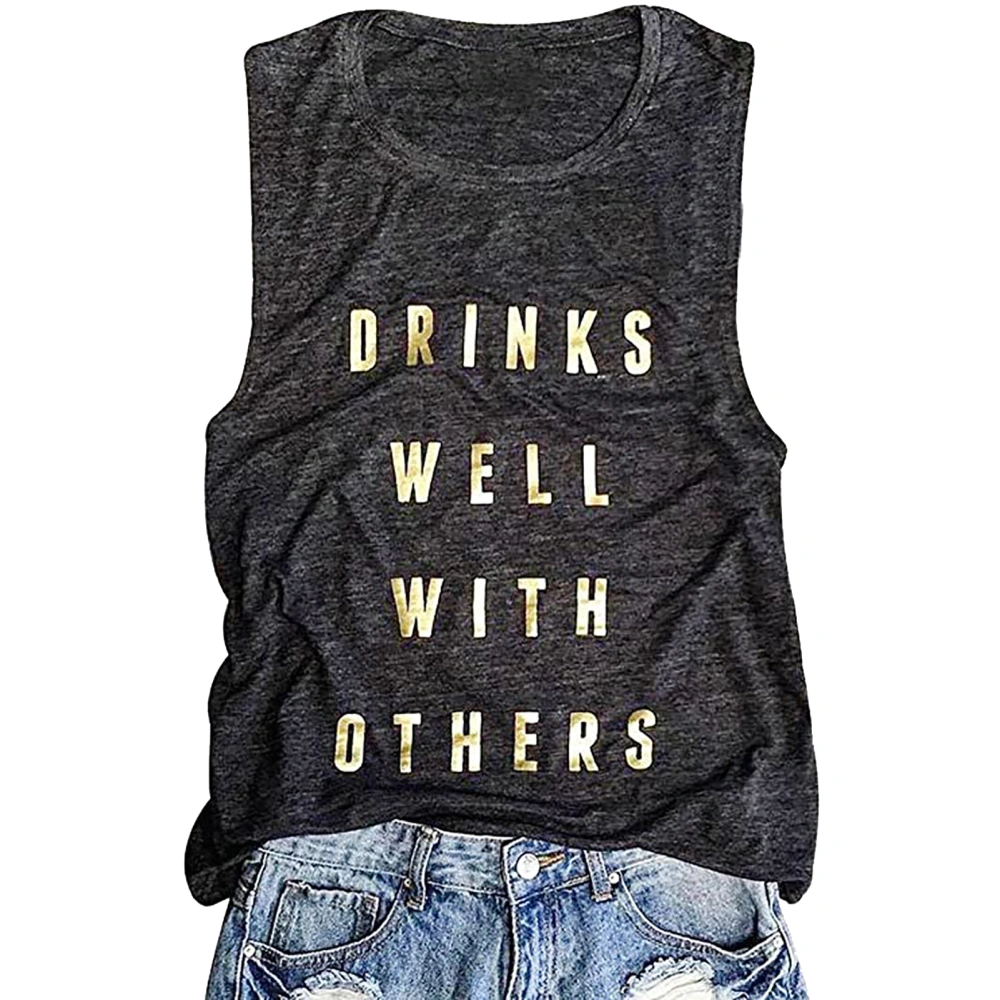 Round Neck Tank Top Letter Print Decoration Polyester Women Casual Sleeveless Shirt for Summer Dark Gray XXL