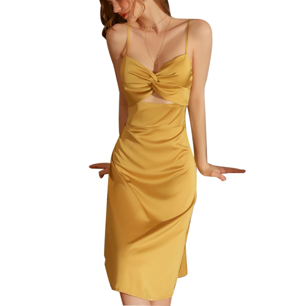 Woman Long Satin Sleepwear Dress Tie Knot Front Silky V Neck Sling Lounge Nightgown Dress Ginger M