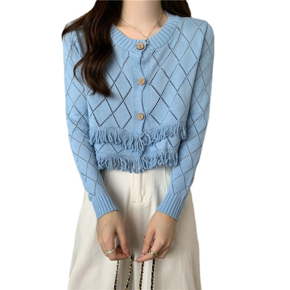 Crew Neck Knit Sweater for Women Tassel Decoration Soft Skin Friendly Breathable Open Knit Sweater for Daily Life Blue Free Size