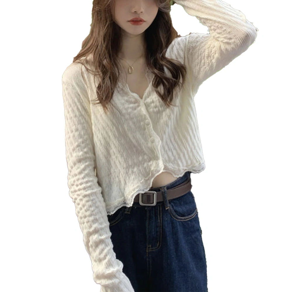 Women Long Sleeve Blouse V Neck Elegant Soft Lightweight Comfortable Shirt for Home Dating Shopping Apricot Free Size 40‑70KG