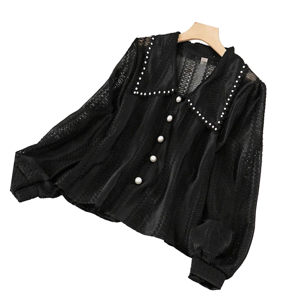 Crochet Long Sleeve Turn Down Collar Shirt Women Casual Elegant Faux Pearl Decor Button Up Top Blouse Black M