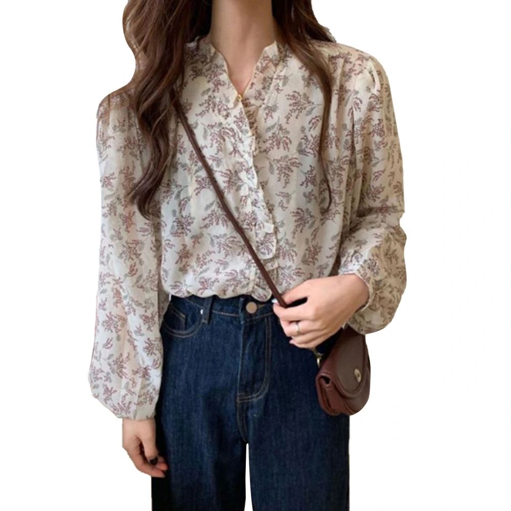 Long Sleeve Floral Print Shirt Women Loose Casual Frill Trim Button Up Blouse Top for Work Dating Apricot M