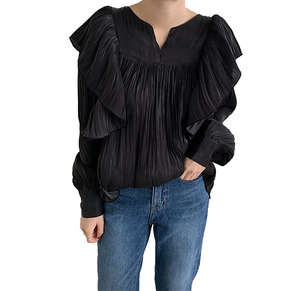 Women Flowy Ruffle Blouse Pure Color V Neck Lantern Sleeve Breathable Pullover Shirt Black S 88.2‑104.7lb