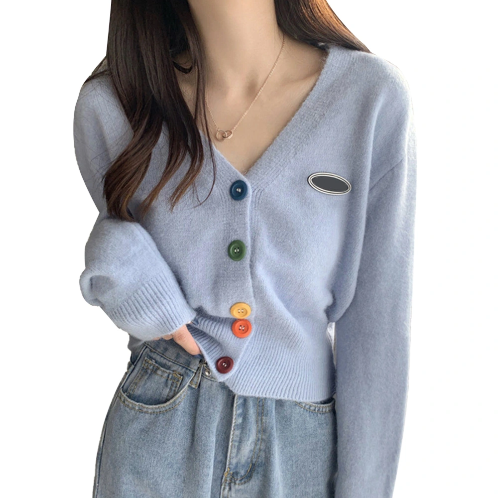 Long Sleeve Button Up Sweater Women Soft Retro Elegant Knit Outwear for Office Work Dating Blue Free Size