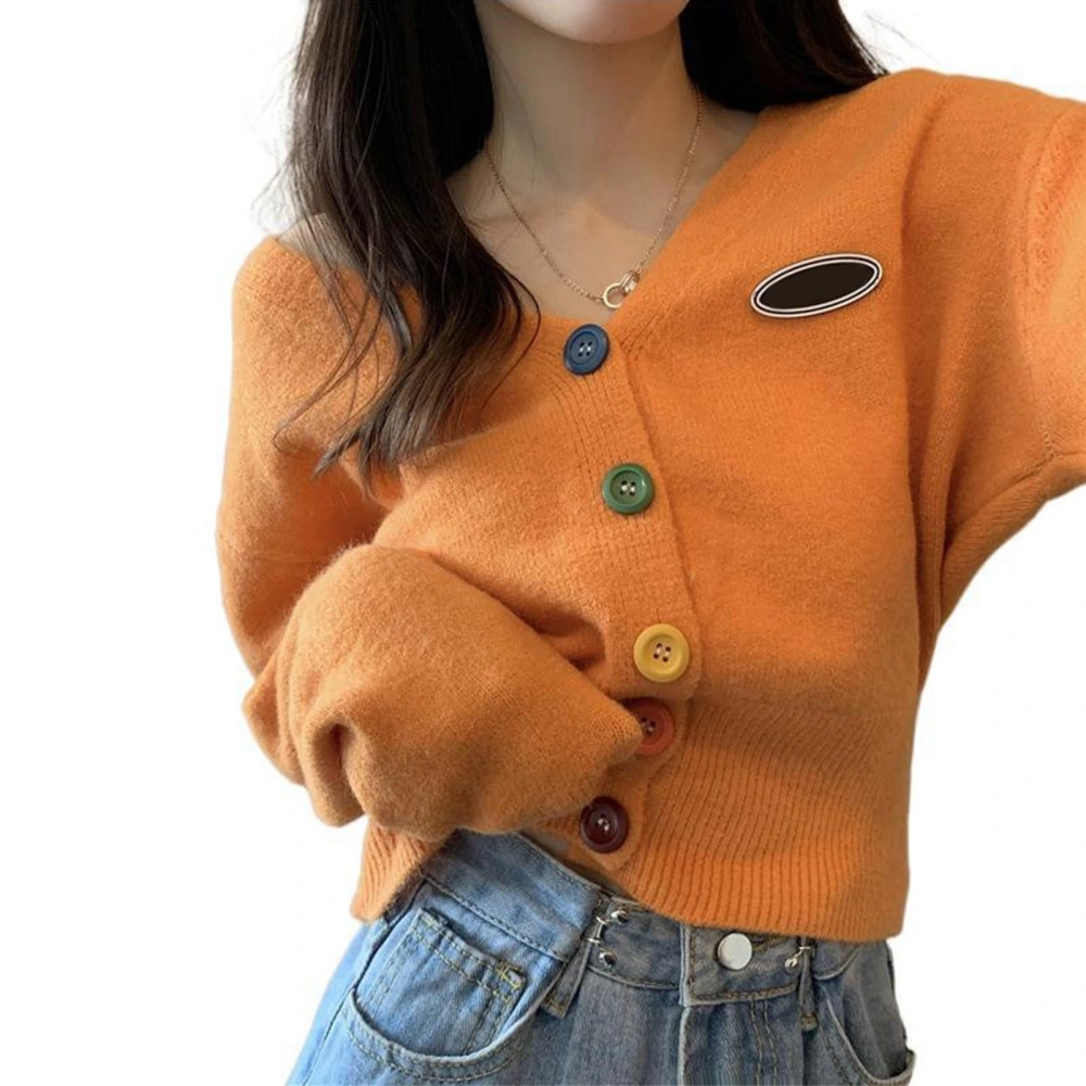 Long Sleeve Button Up Sweater Women Soft Retro Elegant Knit Outwear for Office Work Dating Orange Free Size