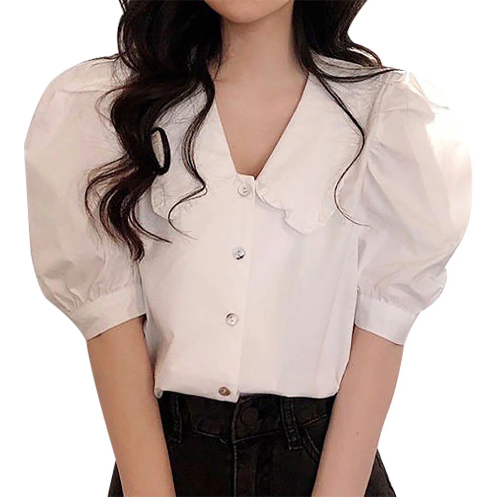 Women Chiffon Short Puff Sleeve Blouse Turn Down Collar Single Breasted V Neck Pure Color Pullover Shirt White M