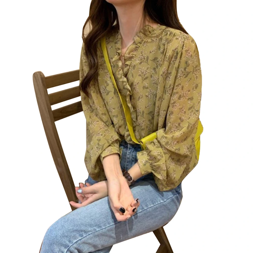 Long Sleeve Floral Print Shirt Women Loose Casual Frill Trim Button Up Blouse Top for Work Dating Yellow XL