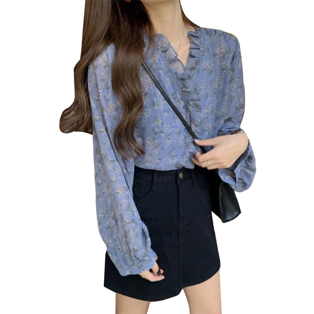 Long Sleeve Floral Print Shirt Women Loose Casual Frill Trim Button Up Blouse Top for Work Dating Blue XL