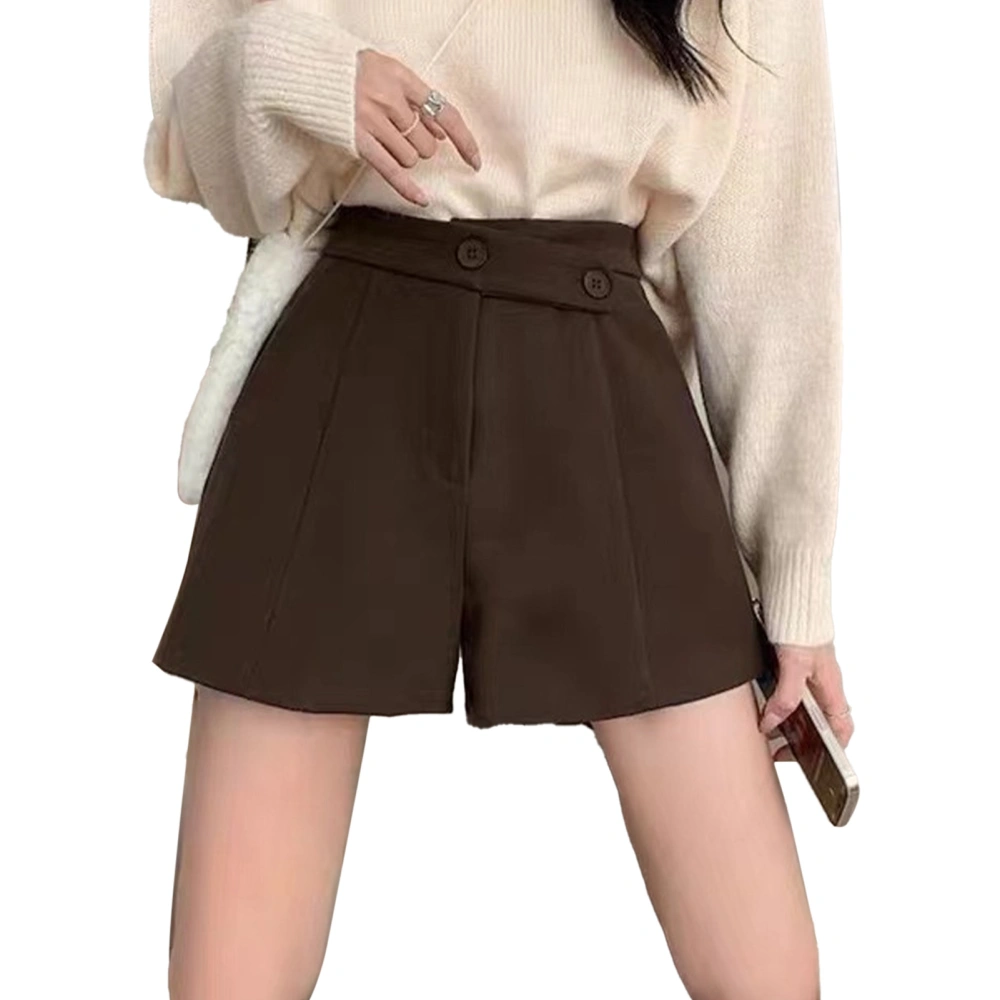 High Waist Button Shorts Women Elegant Fashionable Casual Pure Color Wide Leg A Line Shorts for Office Brown L