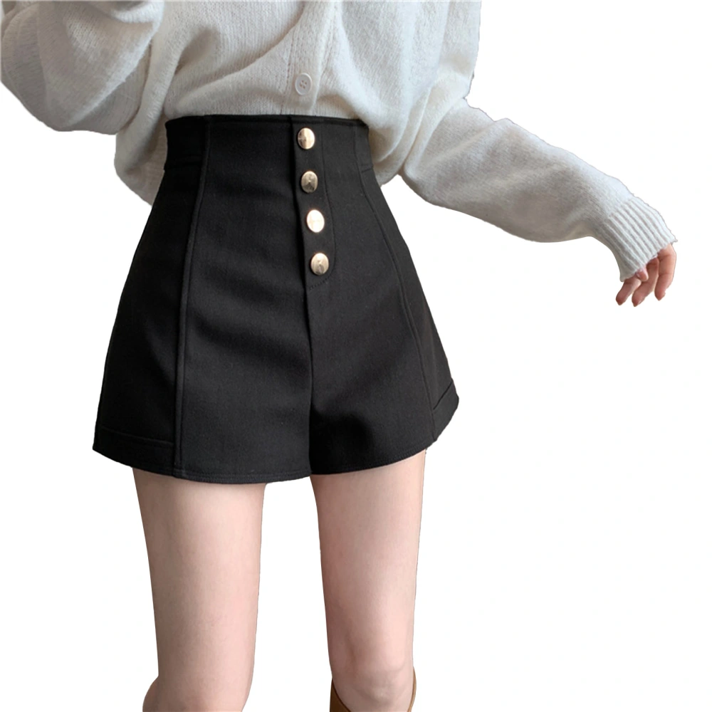 Women Shorts High Waist Single Breasted Wide Legs Casual Style Shorts for Spring Summer Black S