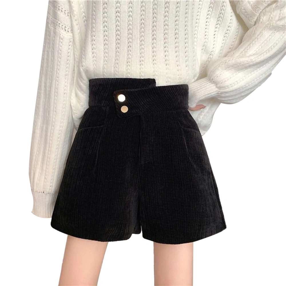 Thick Wide Leg Shorts Women Autumn Winter Loose Casual Pure Color High Waist Button Shorts for Party Black M