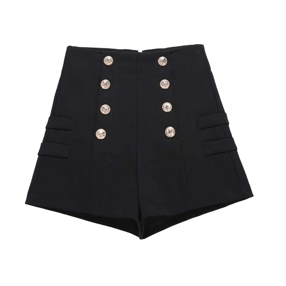 Women Summer Shorts High Waisted Double Breasted Wide Legs Casual Shorts Thin Type Black M