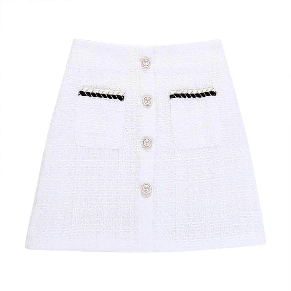 Women High Waist Skirt Plaid A Line Buttoned Elegant Fashion Casual Skirt with Pockets White S