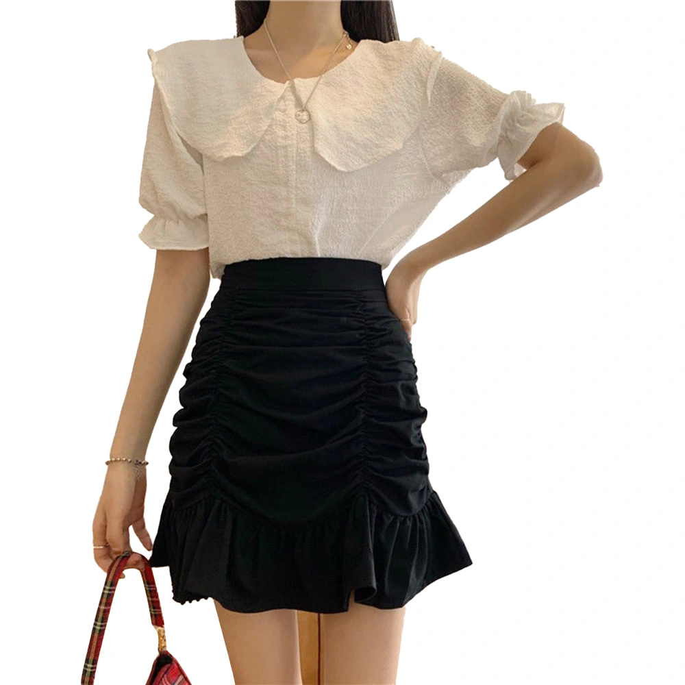 Ruched Ruffle Mini Skirt High Waist A Line Soft Fashion Elegant Short Ruffle Ruched Bodycon Skirts Black L