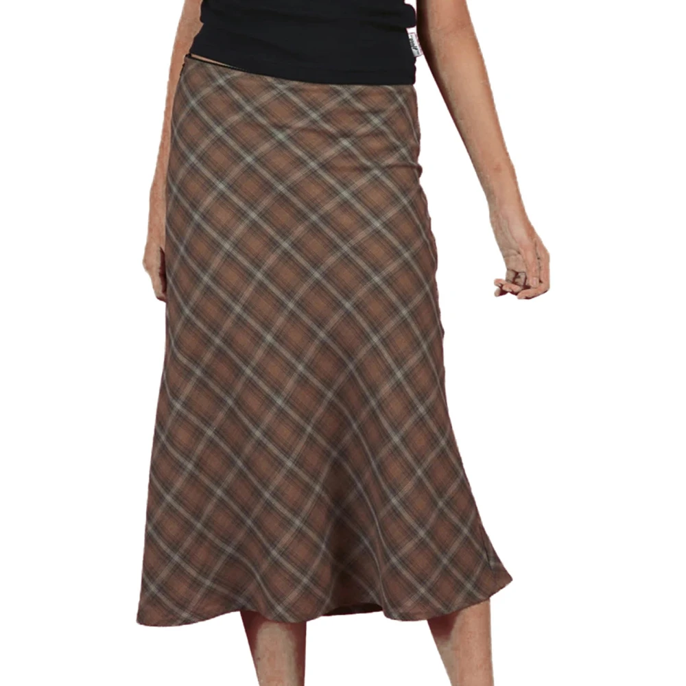 Long Plaid Skirt High Elastic Waist Ruffle Hem Colorfast Fashionable Comfortable for Women Brown L