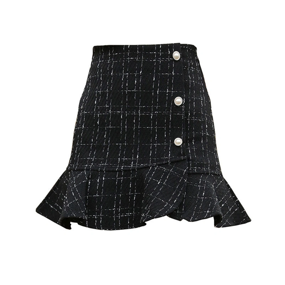 Ruffle Hem Plaid Skirt Fashionable Elegant Women High Waist Button Front Skirt for Spring Black S