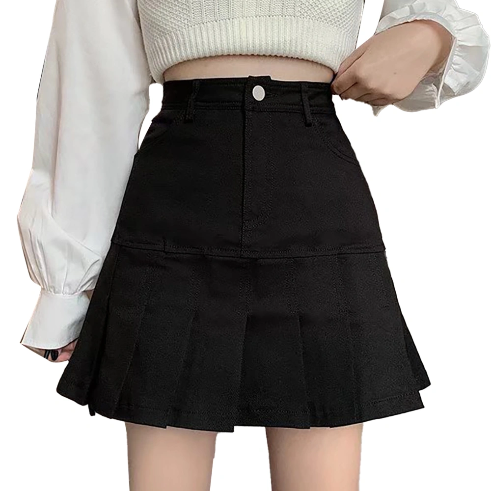 Mini Pleated Skirt High Waist A Line Slim Cotton Lovely Bodycon Short School Uniform Skirts Black L