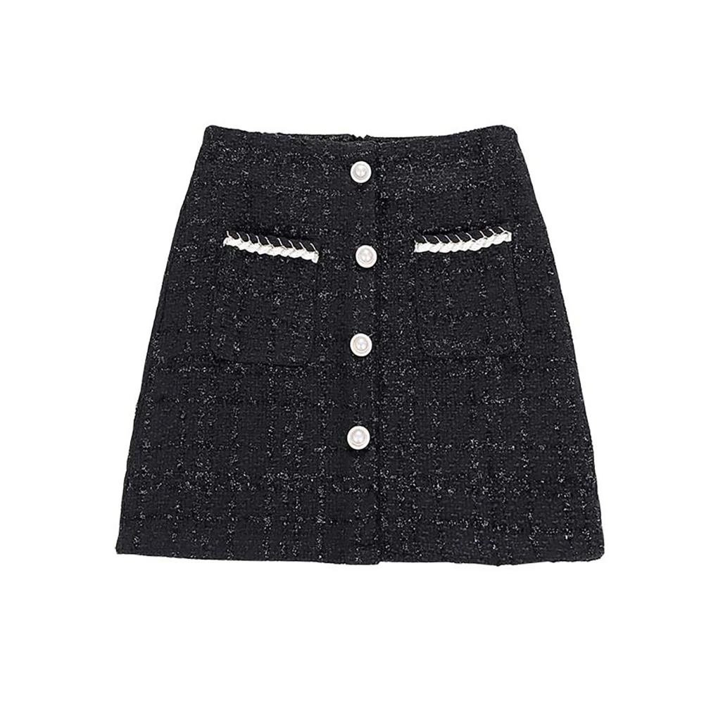 Women High Waist Skirt Plaid A Line Buttoned Elegant Fashion Casual Skirt with Pockets Black S